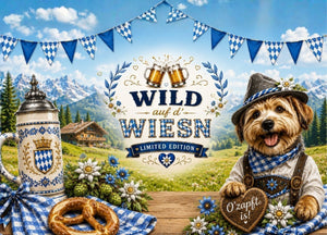 Wild auf d' Wiesn – bayerisches Limited-Edition-Etikett für Nature's Gold Wild Nassfutter mit Hund im Trachtenlook vor Alpenkulisse.