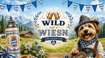 Wild auf d' Wiesn – bayerisches Limited-Edition-Etikett für Nature's Gold Wild Nassfutter mit Hund im Trachtenlook vor Alpenkulisse.