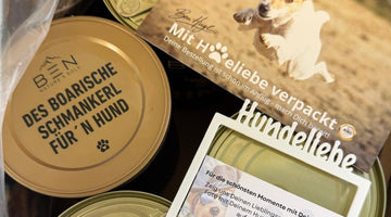 Goldene Dosendeckel mit „Des Boarische Schmankerl für'n Hund“ und Hundeliebe-Polaroidrahmen von Nature's Gold zum internationalen Welthundetag.